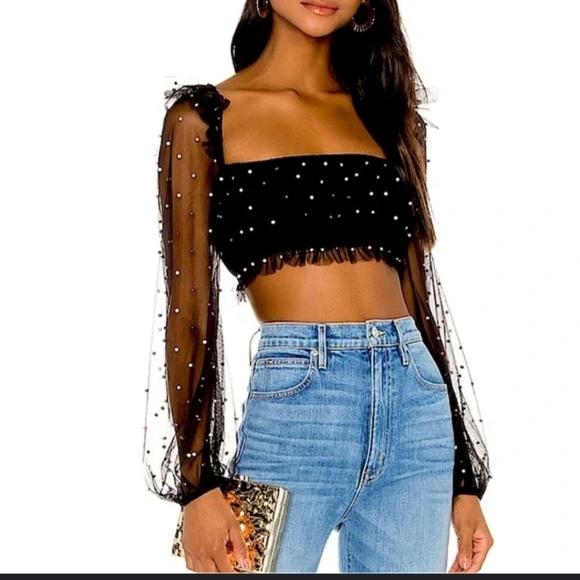 Camila Coelho Pearl Embellished Crop Top with Puffed Sleeves - Picture 1 of 8
